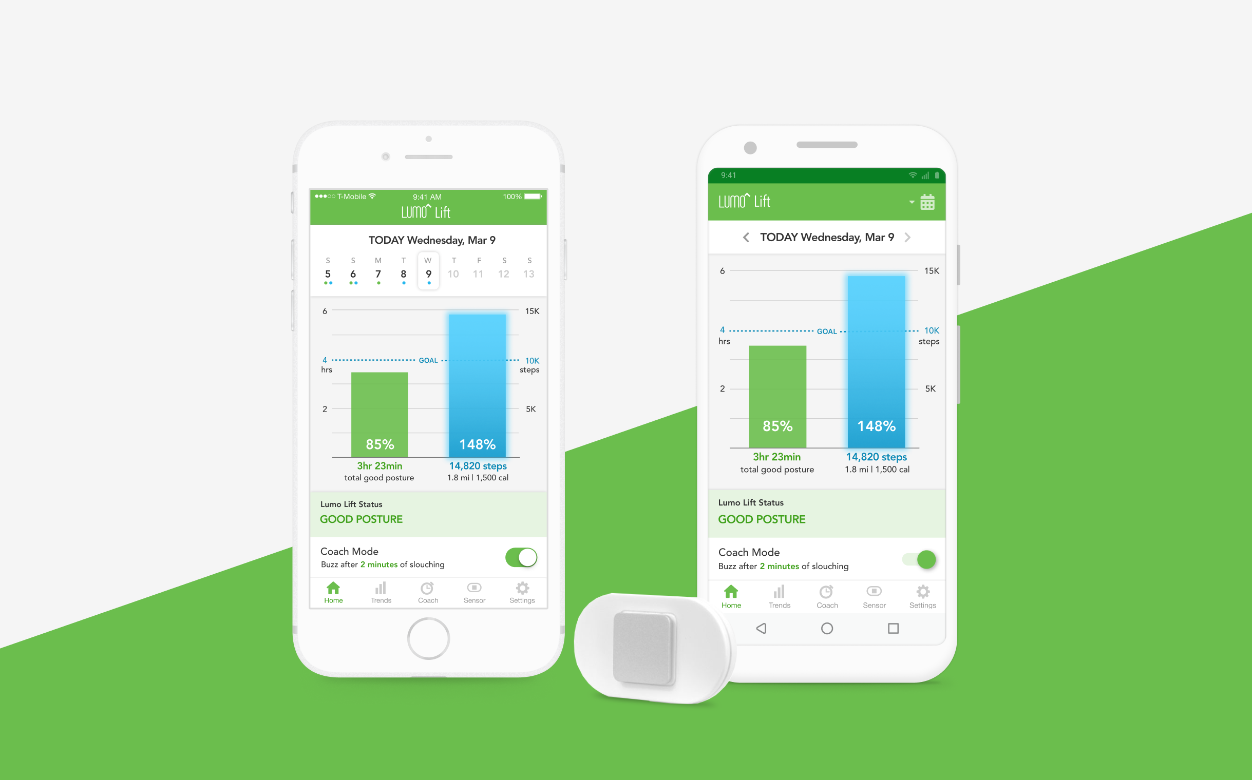 Two phone screens showing the home screen of the Lumo Lift app on iOS and Android, along with the Lumo Lift physical device
