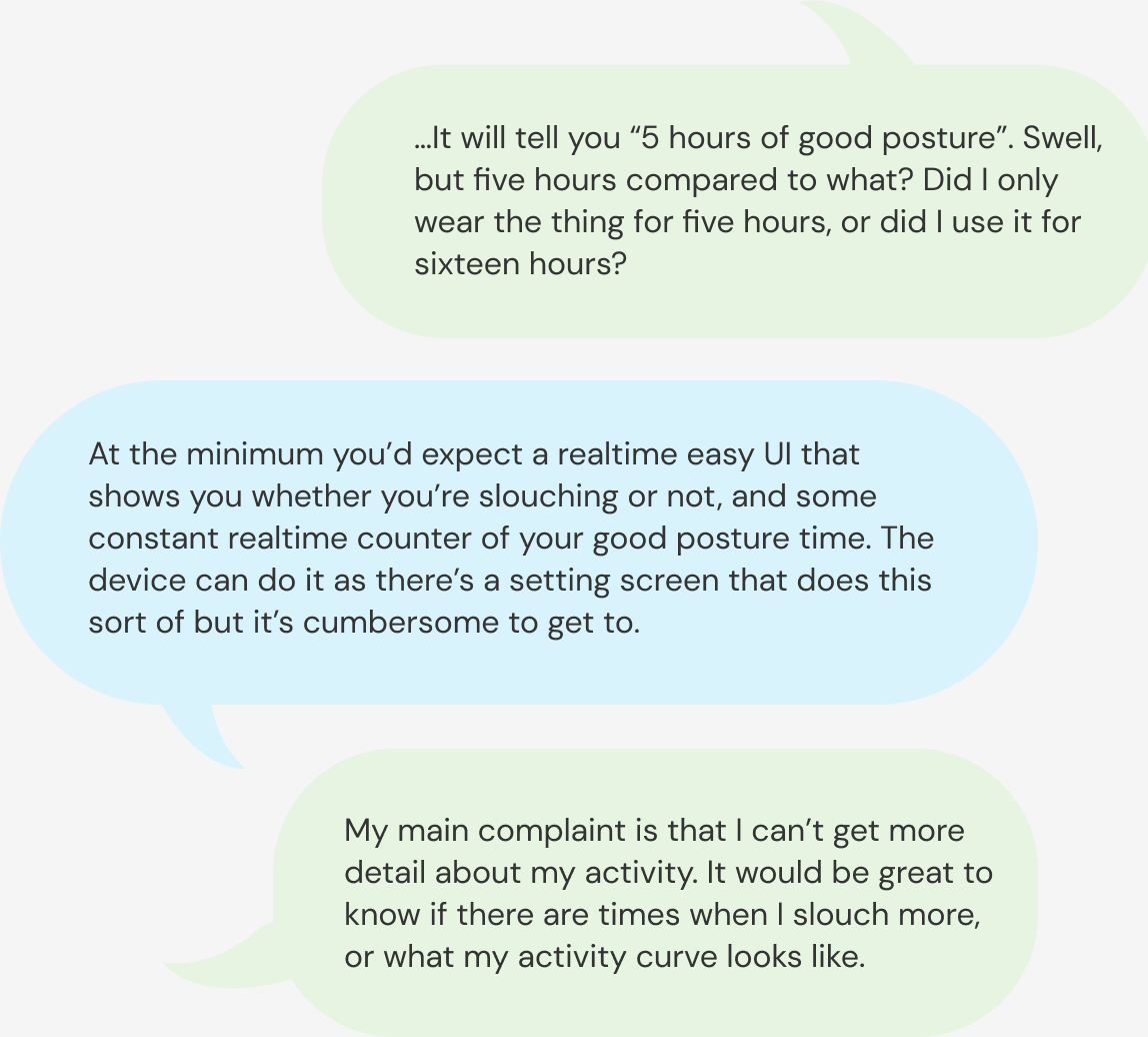 User testing feedback complaining about not understanding the good posture hour metric, not seeing more details about good posture vs. slouching activity, and not having a realtime UI that shows whether you're slouching or not