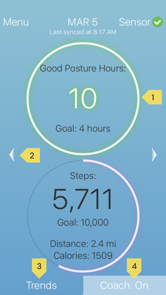 The original Lumo Lift home screen with the numbers 1 through 4 pointing at various elements on the screen