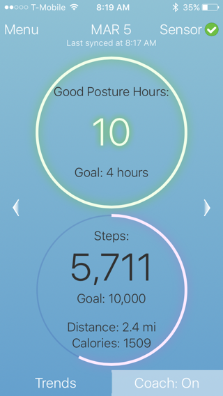 The original Lumo Lift home screen, with today's good posture hours and steps displayed in circular graphs