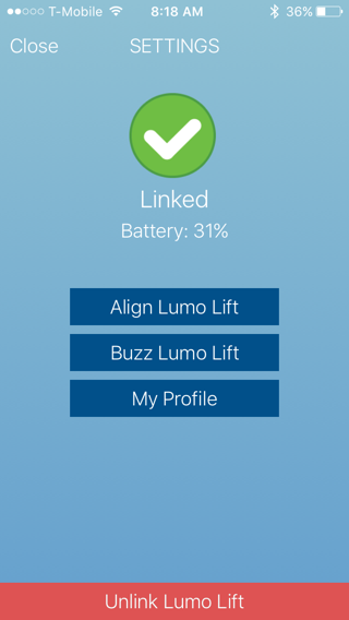 The original Lumo Lift Sensor screen, which shows batter level and buttons to align and buzz the Lumo Lift