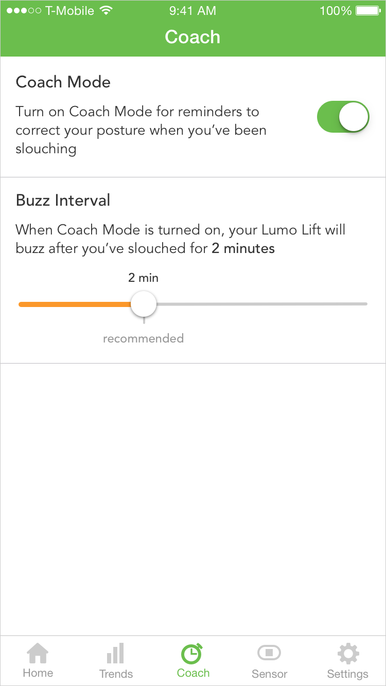 The original Lumo Lift Coach screen, with a toggle to turn coach mode on and off and the ability the set the buzz interval