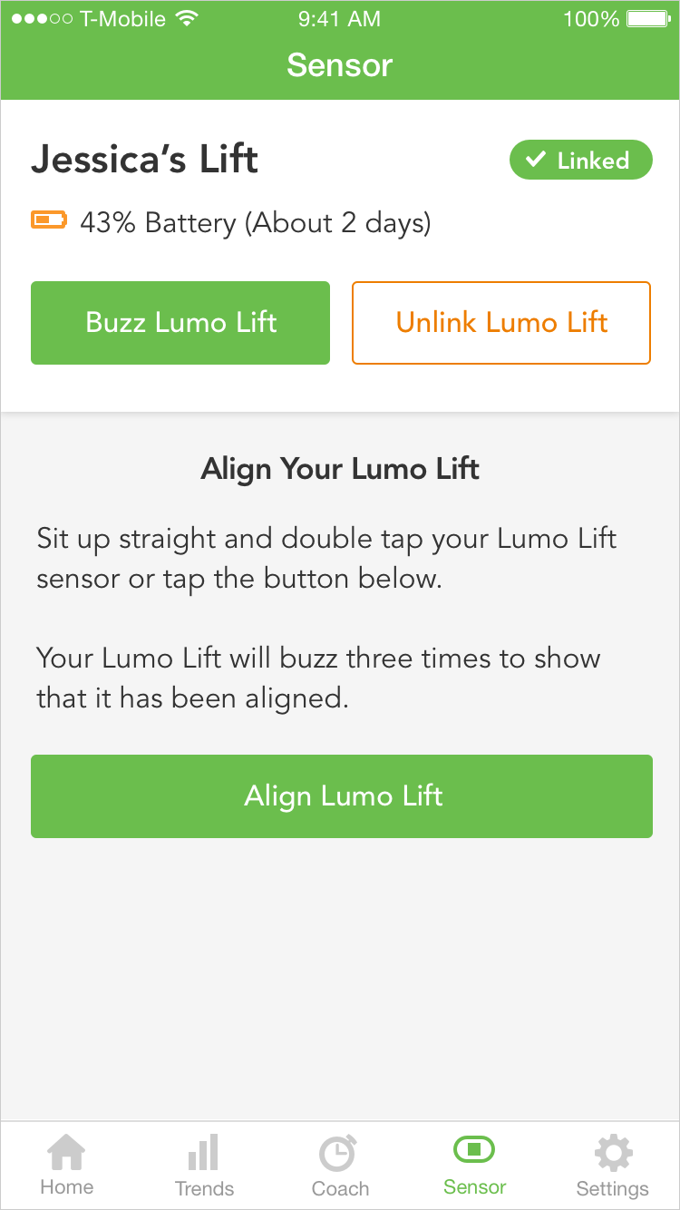 The redesigned Lumo Lift Sensor screen with the same functionality, but improved UI and an explanation of how alignment works